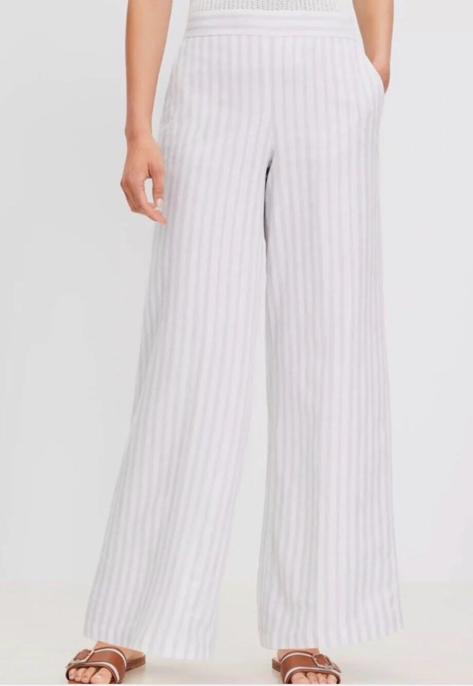 LOFT Linen Blend High Rise Wide Leg Striped Pants Cream Tan Beige Medium